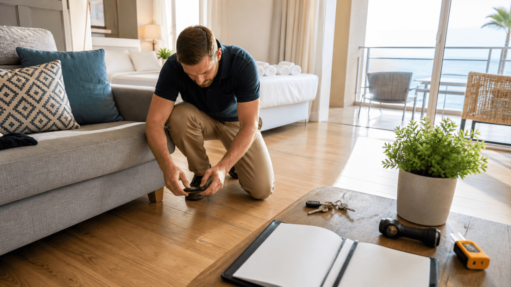Clipboard checklist beside keys and a neatly made bed in a bright holiday rental room