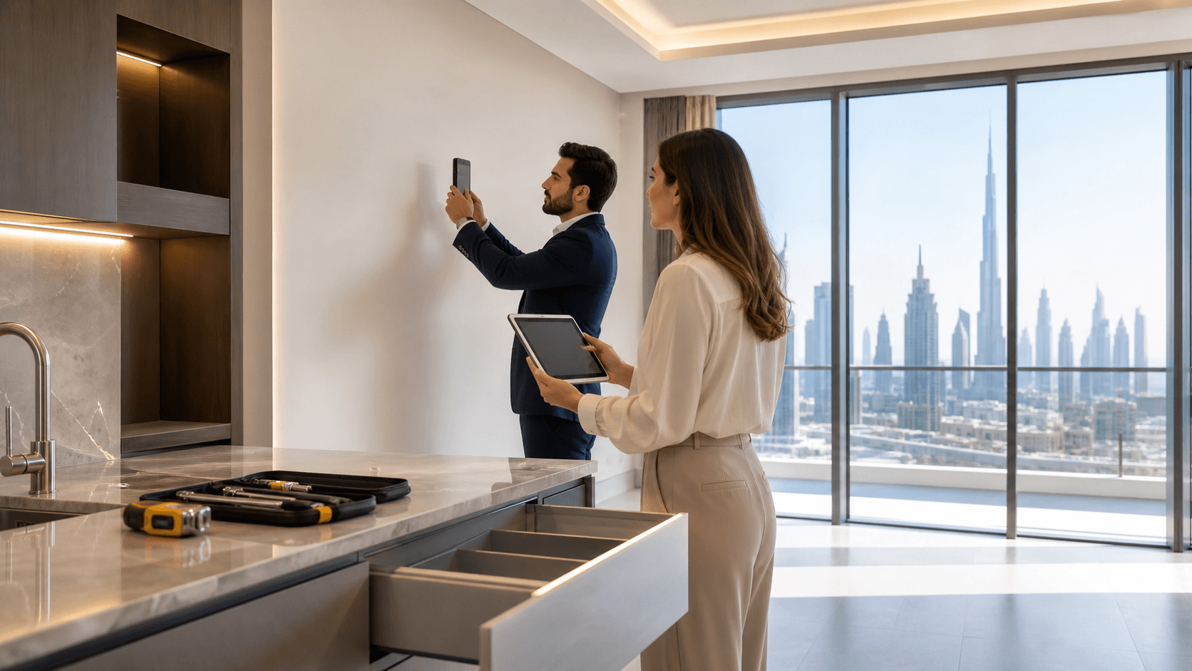 Inspector with clipboard examines a bright, modern Dubai apartment overlooking city towers.