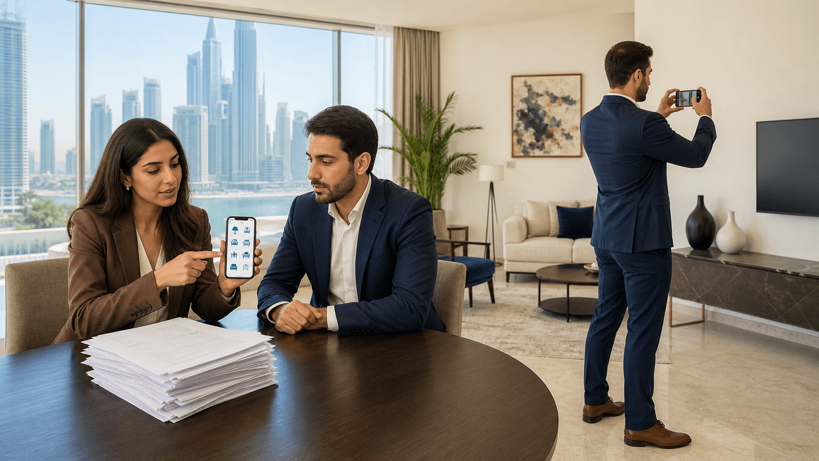 Split scene with paper documents and a laptop beside Dubai skyline in warm daylight
