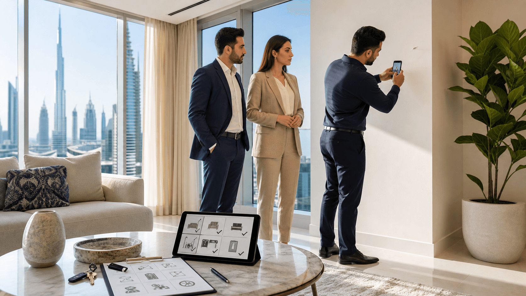 Split-screen of a modern apartment, smartphone photos, and a signed lease under warm neutral lighting.