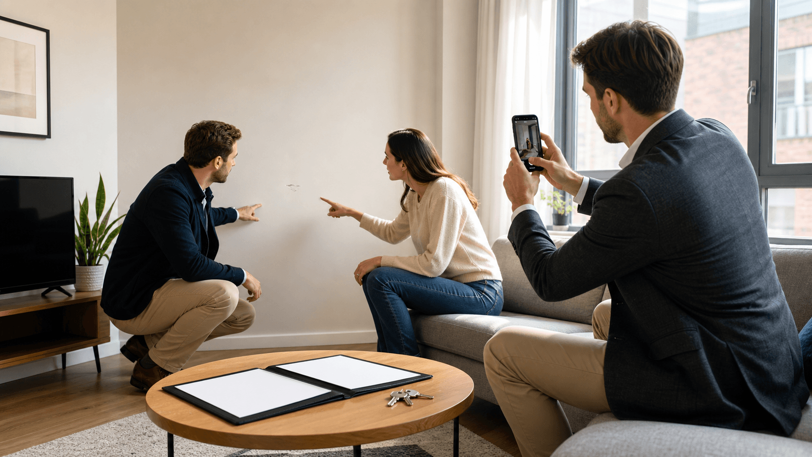 Landlord and tenant reviewing apartment damage beside a cracked wall in bright natural light